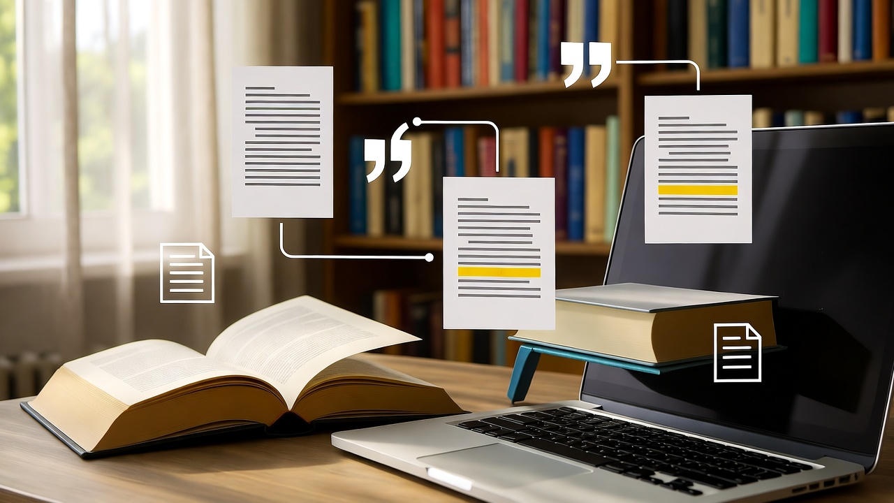Open book, stacked textbook, and laptop on a desk with digital document icons and quotation marks floating above, representing academic research, online referencing, and digital citation management in a library or study environment.